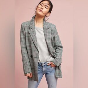Anthropologie Cartonnier Plaid Long blazer green and black size large, oversized